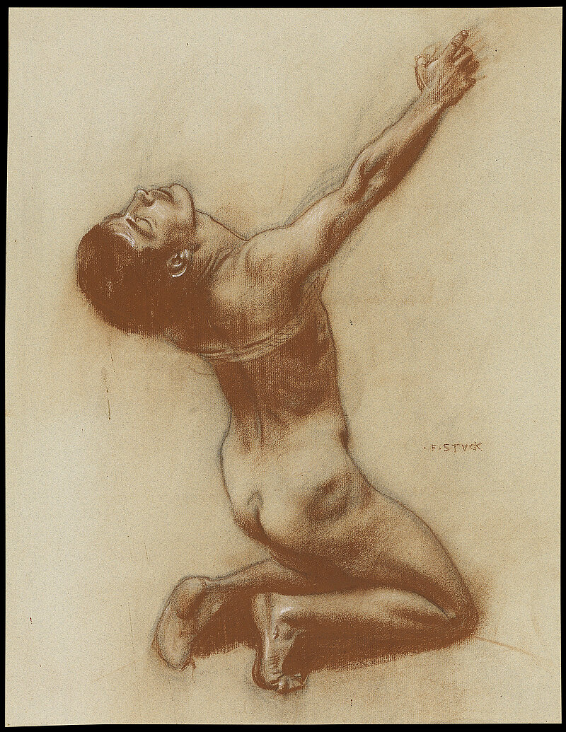 Franz von Stuck, Kniender männlicher Akt für "Kuß der Sphinx", vor 1895