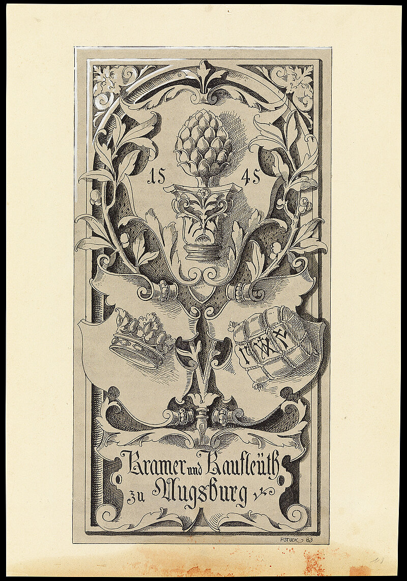Franz von Stuck, Kramer und Kaufleuth zu Augsburg, Vorlagenzeichnung für "Allegorien und Embleme", 1883